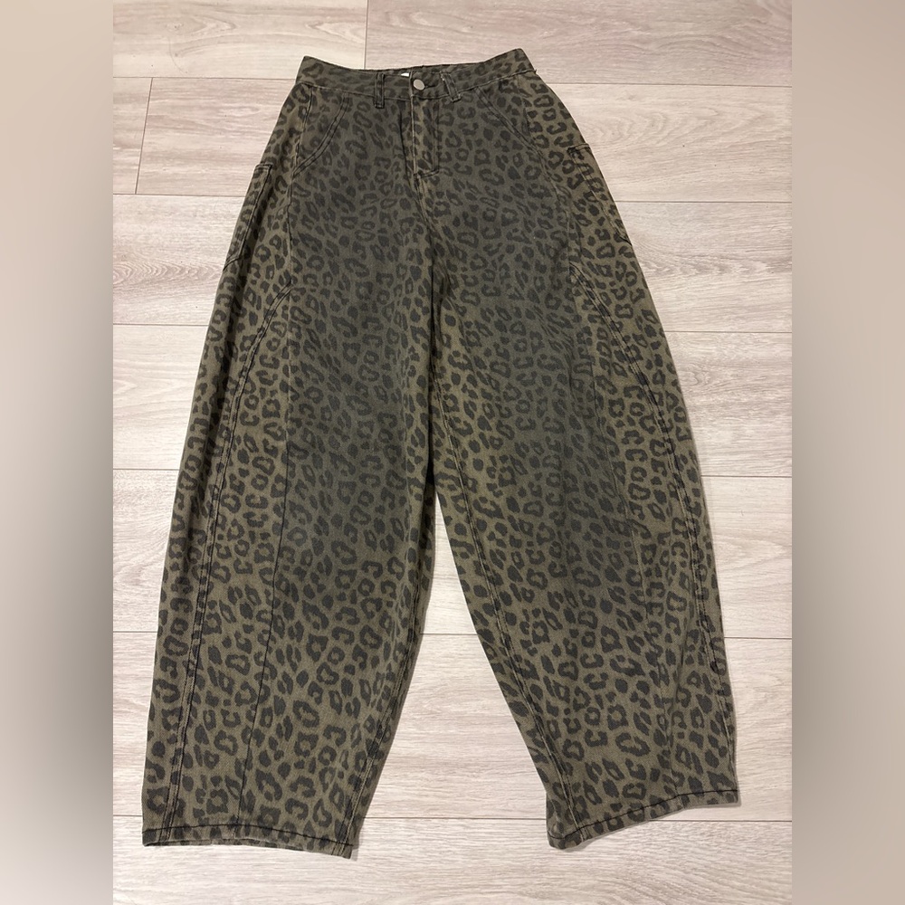 twik Olive Green and Black Leopard Print barrel pants